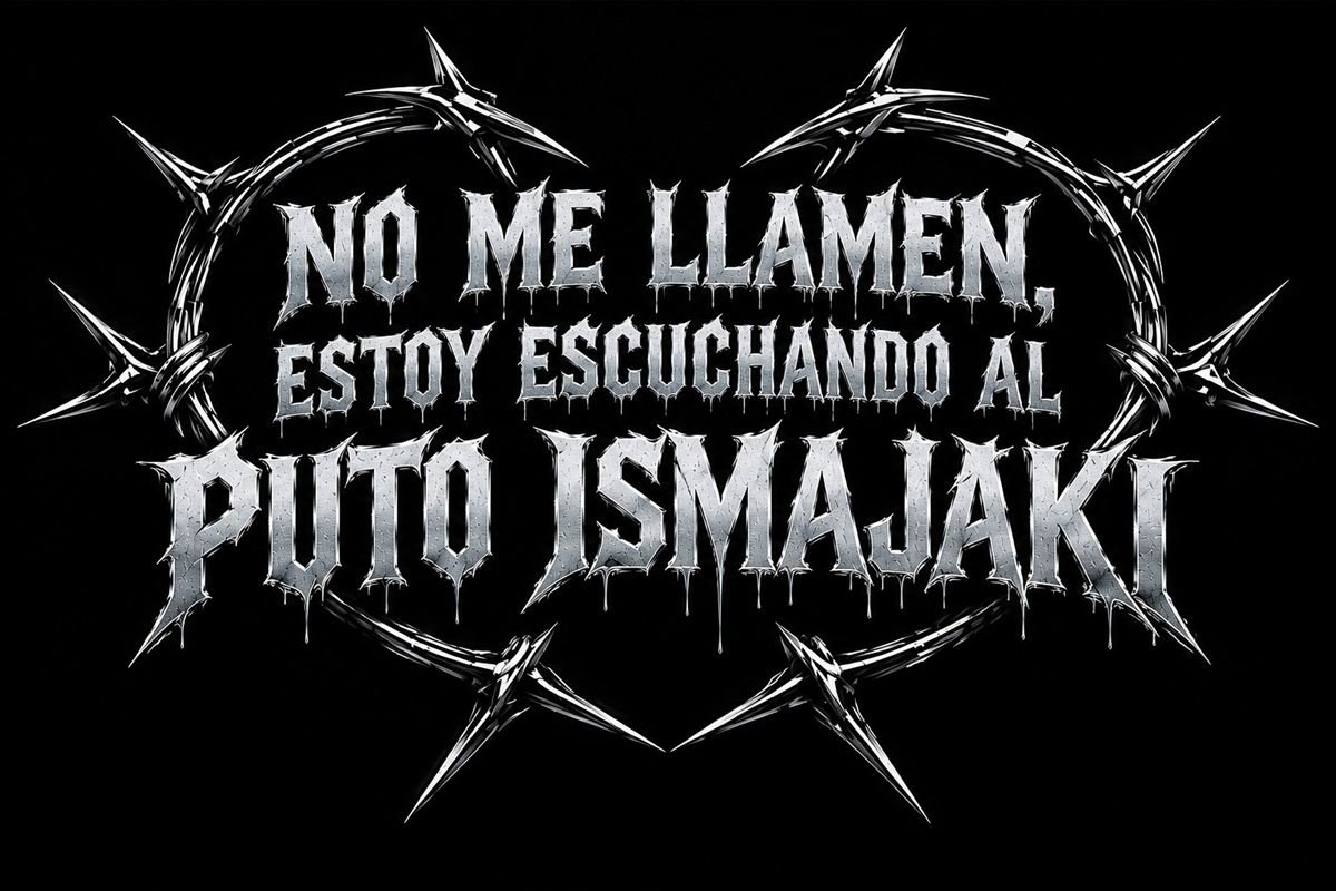 Cartel con el lema de la marca en tipografía gótica cromada